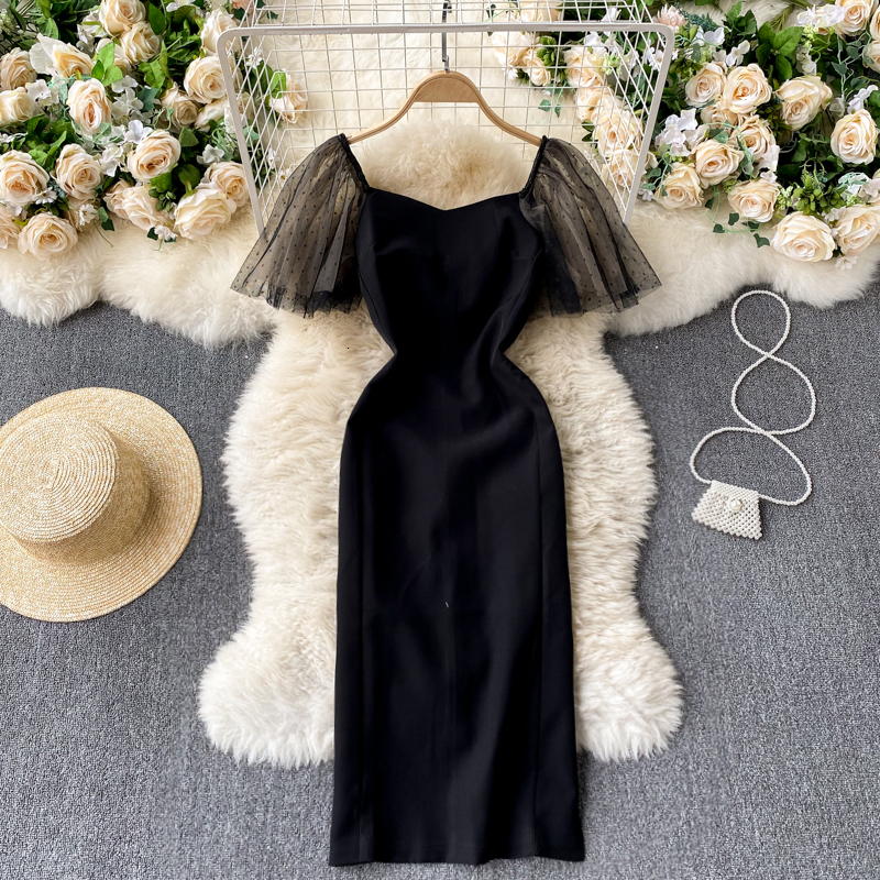 

2021 New Elegant female singiny in solid splice knit short neck thin summer dresses chic streetwear long dress K5OY, Black