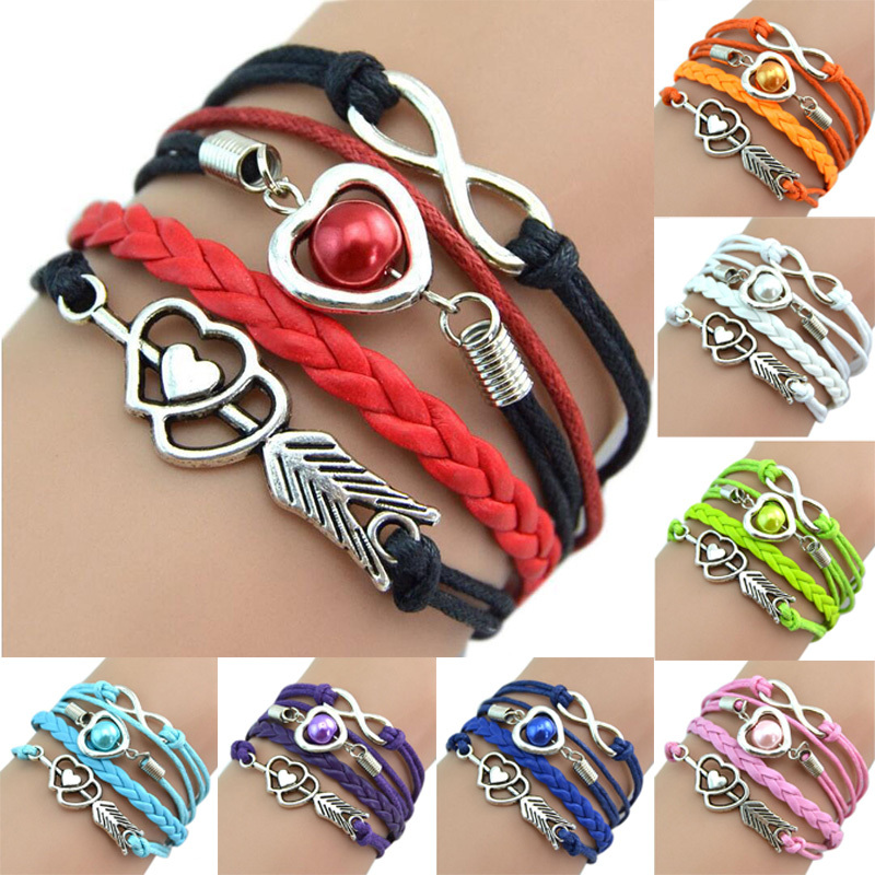 

Infinity Fashion Leather Handcuffs Love Heart Pearl An Arrow Charm Pink Friendship Antique Braided Wristband Bracelet