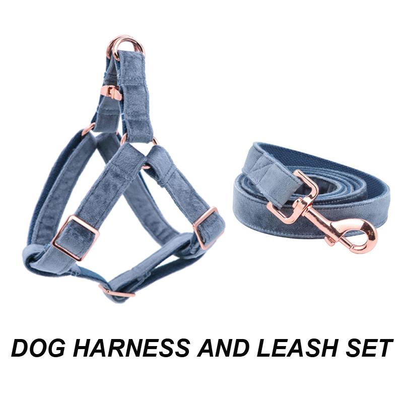 

Blue Velvet Dog Harness Basic Dog Leash Adjustable Buckle Cotton Fabric for or Cat