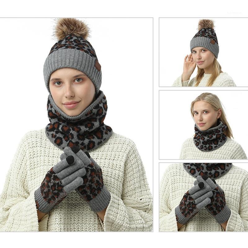 

3Pcs Women Winter Leopard Knit Pompom Beanie Hat Scarf Touch Screen Gloves Set 649C1, Pk