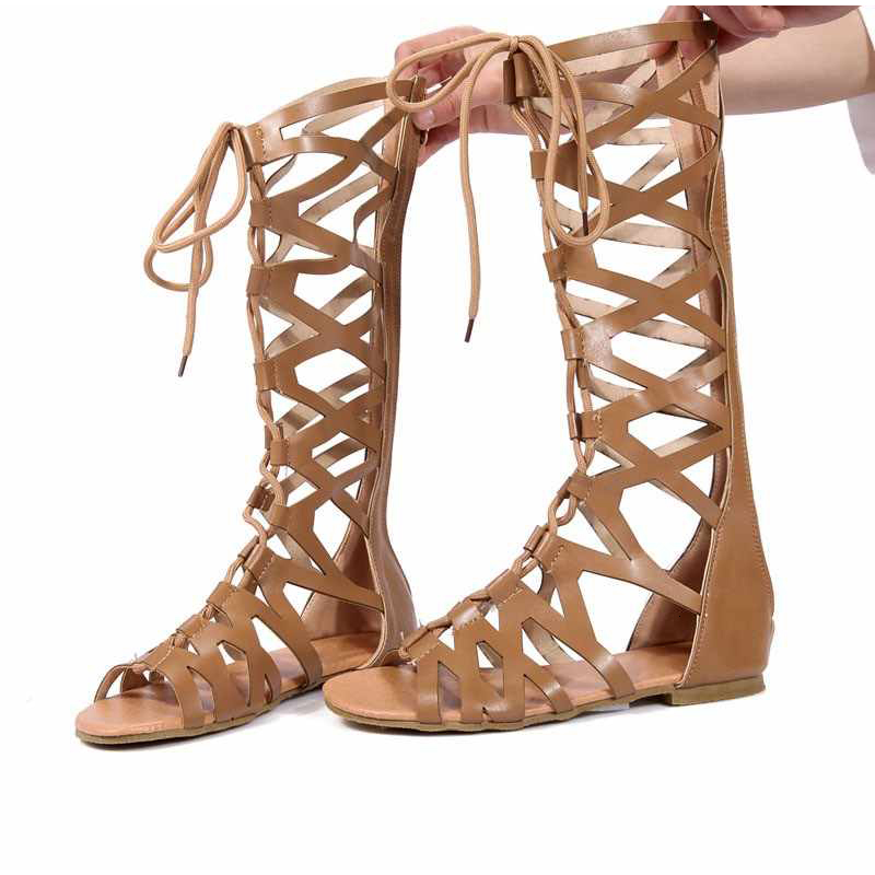 

2021 Women Gladiator Flat Summer Knee High Sandals New Ladies Zip Long Boot Lace Up Hollow Out Cross Tied Plus Size Shoes 2y1j, Brown