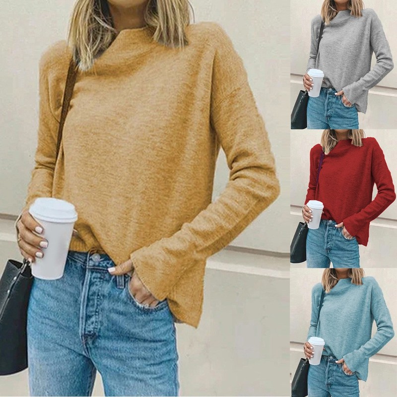 

2020 Blouse Women Autumn Fashion Novelty Long Sleeve High Collar Pure Color Casual Elegant Pullover Tops, Bu