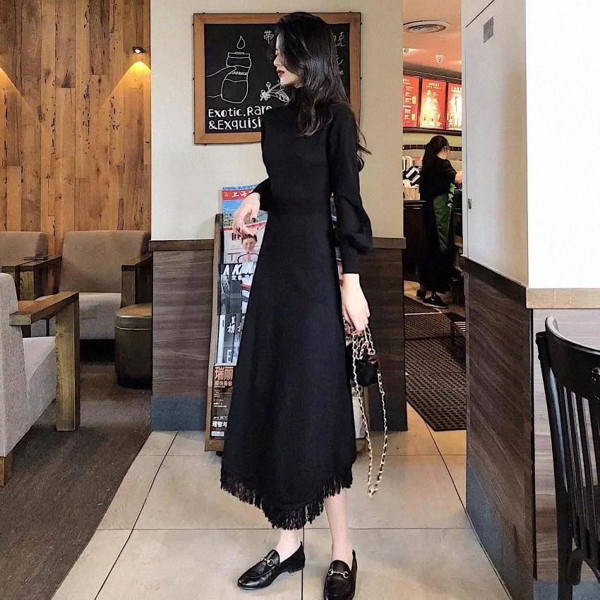 

JXMYY Autumn and winter new style French long sweater skirt over the knee over coat base knitted dress women autumn and winter #c42w, Black;gray