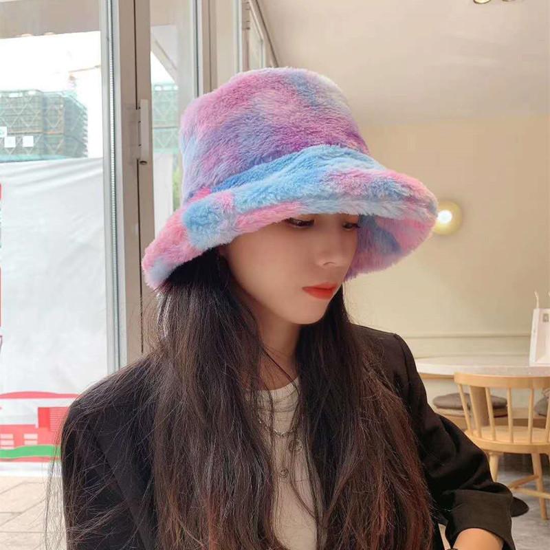 

Women's Hat Winter Tie-dye Fur Bucket Cute And Warm Caps Hunting Fishing Hat Basin Chapeau Sun Prevent Gorras, No.1