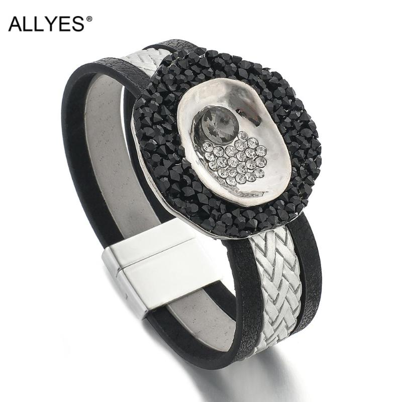 

ALLYES Miyuki Crystal Charm Braided Leather Bracelets for Women Full Rhinestone Wide Wrap Bracelets Unisex Jewelry Couple Gifts