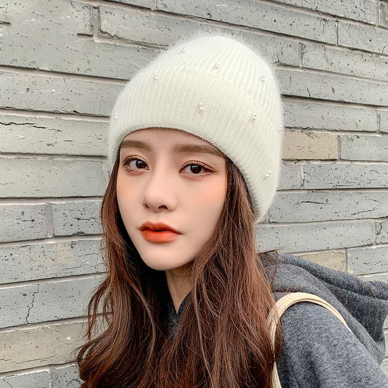 

Beanie/Skull Caps 2021 Autumn Winter Beanies Fur Plus Velvet Thick Pearl Rivet Knitted Hats Ear Protection Bonnets