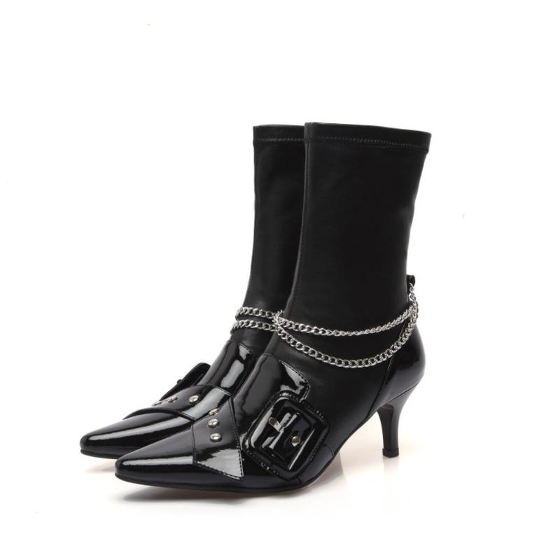 

US4-11 Womens Pointy Toe Belt Buckle Ankle Boots Genuine Leather Metal Chain Stilettos High Heel Shoes Black White Plus Size, Beige