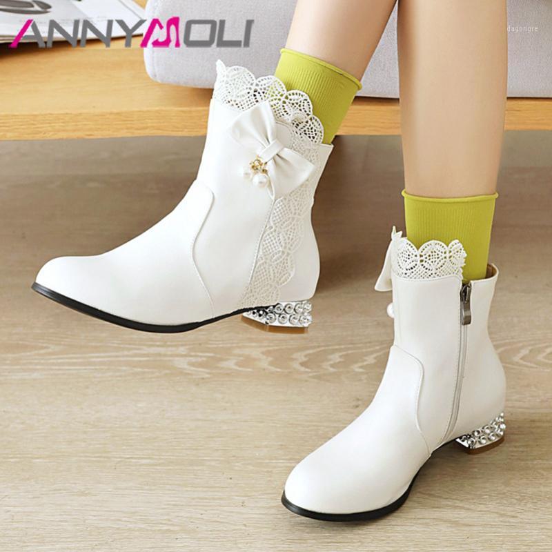 

ANNYMOLI Woman Boots Low Heel Ankle Boots Zip Thick Heel Short Bow Round Toe Ladies Shoes Autumn Winter White Big Size 431