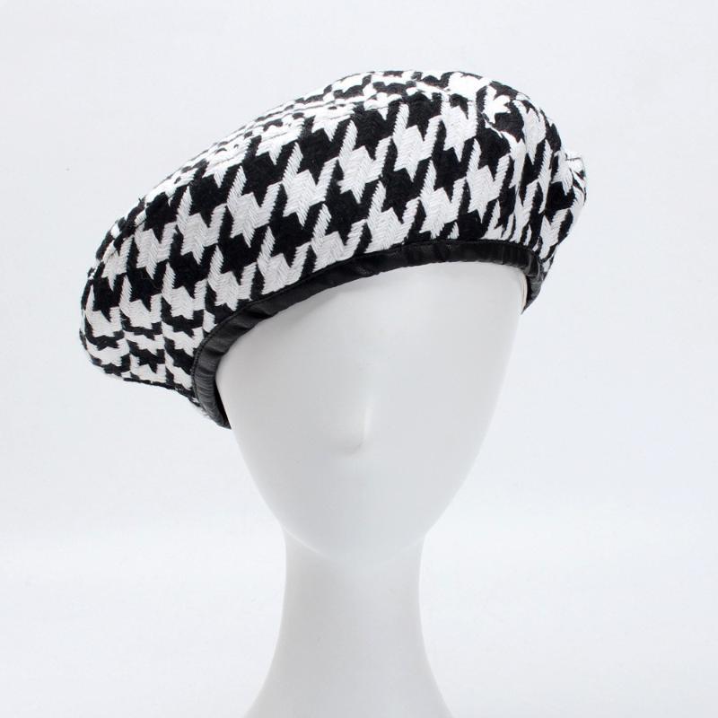 

Autumn Berets Cap Winter Hats for Women French Houndstooth Beret Flat Cap Plaid Elegant British Style Lady Painter Bonne1, Black