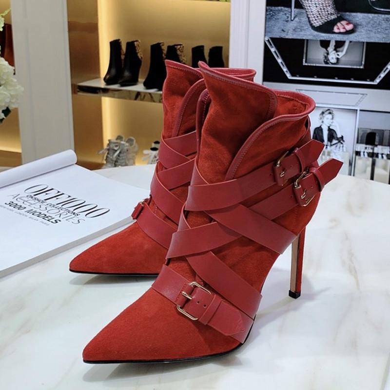 

Autumn Winter New Style Cow Suede Genuine Leather Women Ankle Boots Belt Buckle Decoration Fashionable High-heeled Short Boots, Black