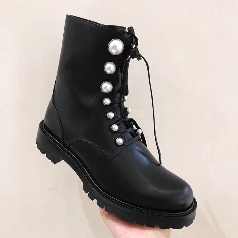 

Genuine Leather Pearl Stud Ankle Boots Woman Lace Up Shoes Woman Zipper Zapatos De Mujer Falts Botas Mujer Concise Boots1, As show