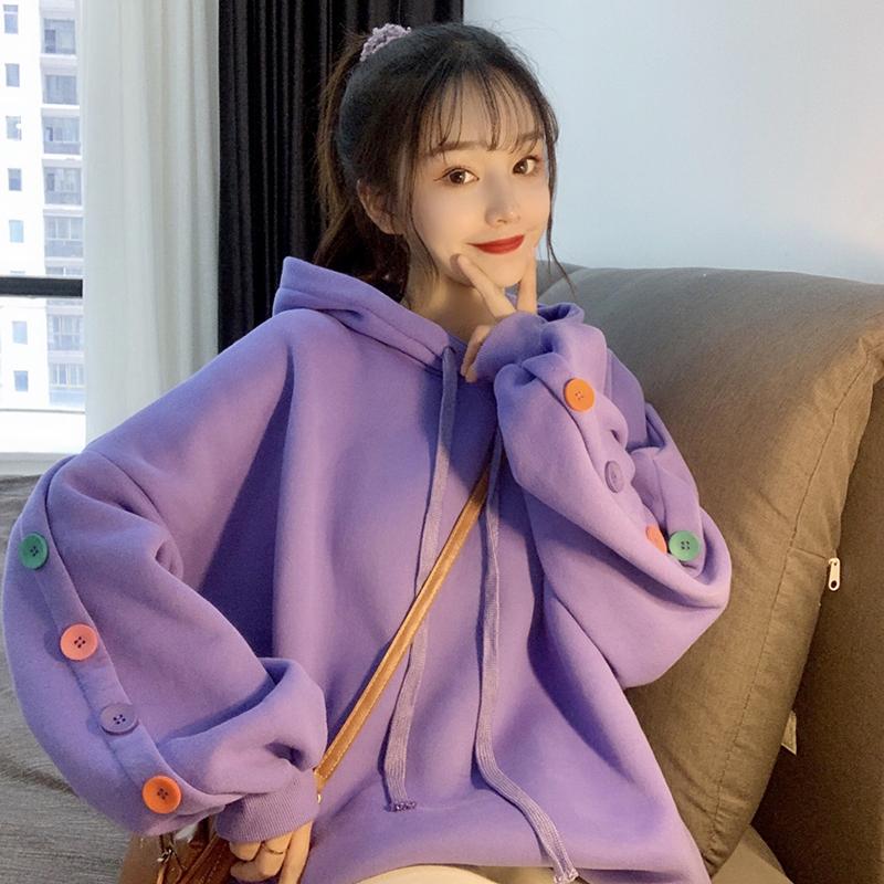 

Cute Hooded Women Sweatshirts Plus Velvet Thick Hoodies 2020 New Autumn Loose Korean Student Buttons Purple Pink Female Hoodies