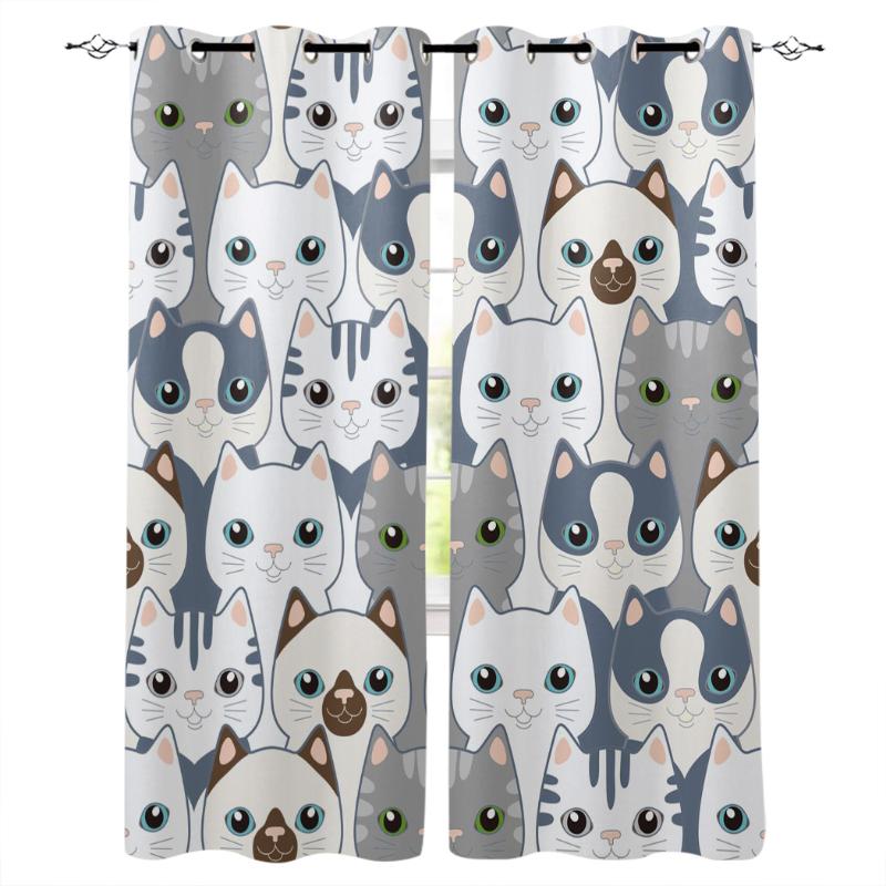 

Cat Kitten Lovely Blue White Round Gray Room Curtains Large Window Living Room Bedroom Indoor Decor Print Kids Curtain, As pic