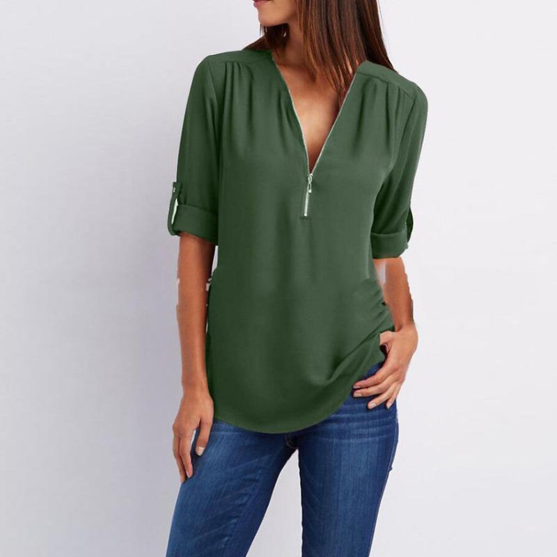 

Women Blouse Shirt 2020 Autumn Casual V-neck Chiffon Blouse Female Shirts Top Long Sleeve Ladies Solid Blouses1, 6612-navy blue