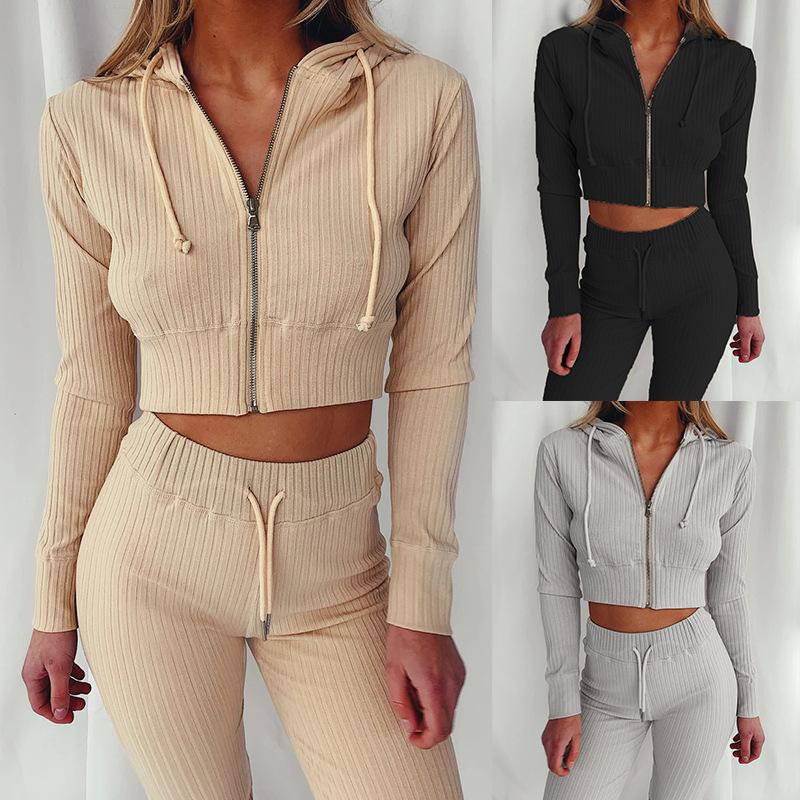 

balteral fashion solid autumn elastic women top hooded zipper top long pants two pieces outfit leisure outdoor suit, Khaki