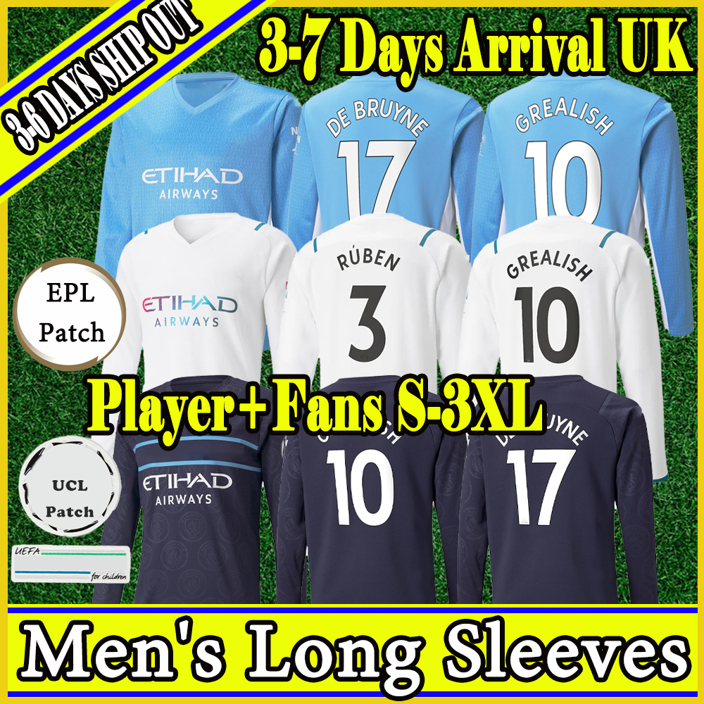 

21 22 Long sleeves fans player version soccer jersey MAN GREALISH STERLING FERRAN DE BRUYNE FODEN CITY 2021 2022 football shirts men kit sets uniform, Home-long sleeves