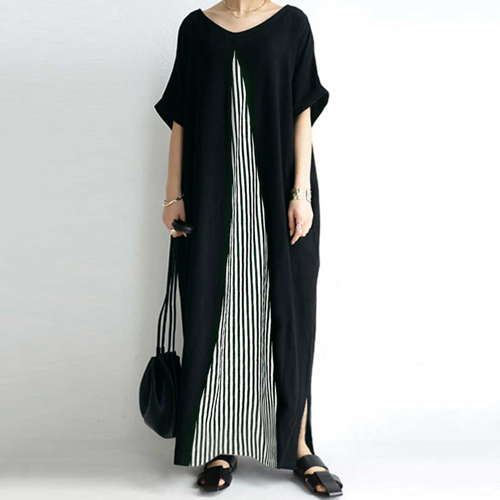 

2021 New Women Long Black Striped Patchwork Female Maxi Dresses Robe Korean Loose Dress Flare Sleeve JMYF