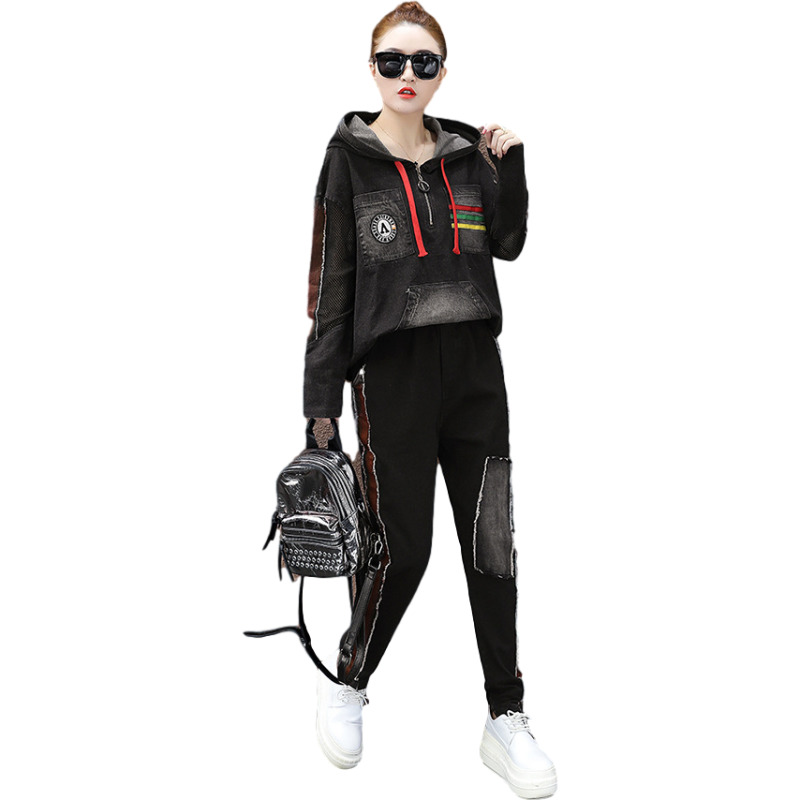 

Autumn Fashions Shredded Ladies Suits Vintage Women Two Sets Garments Hoodie Sweaters and Harem Pants More Ubrania Size Nrry, Black