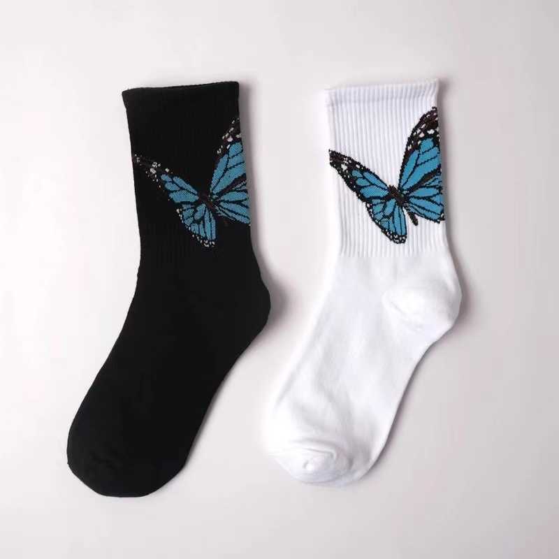 

Men's Palm palm butterfly men's women's angel Cotton Socks Black and white sports high tube socks fashionable Street, White and purple butterfly