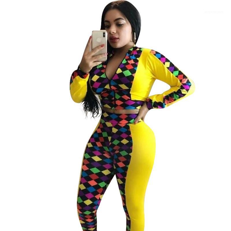 

European station sexy women set lozenge patchwork 2 pieces sweatsuit female long sleeve tops and long pant outfits LH88951, Yellow