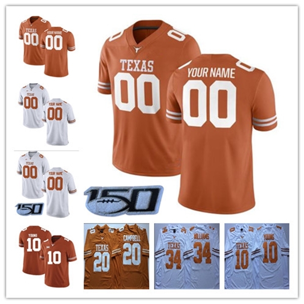 

Custom Texas Longhorns 2019 Football Any Name Number 11 Ehlinger 7 Sterns 10 Young 9 Collin Johnson NCAA College 150TH Jersey White Orange, Black