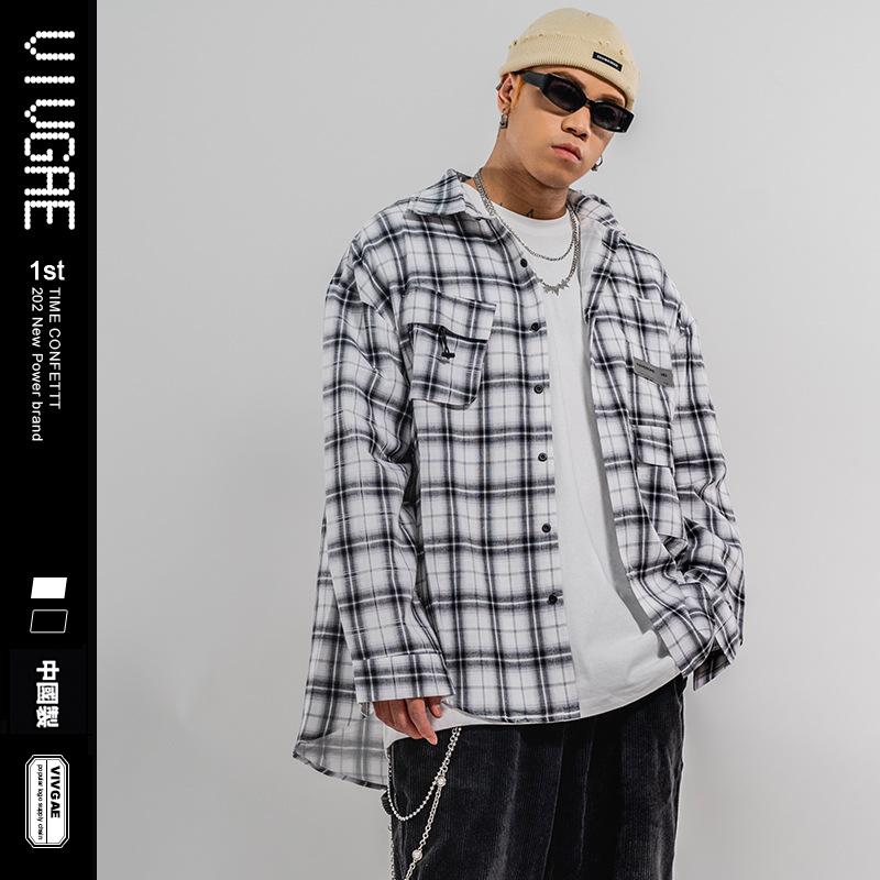 

MEN'S Long-sleeve Plaid Shirt Japanese-style Retro Trend Loose Pocket Students Casual Autumn Shirt Male, White