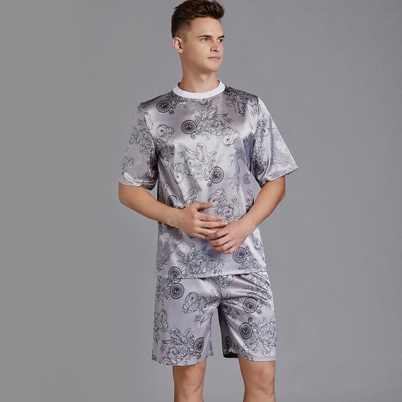 

O-Neck Sleep Set Mens Nighty Top Short Pants Pajamas Suit Summer Male Lounge Nightwear Pyjama Robes Nighties Bathrobe Homewear, 1766 gray