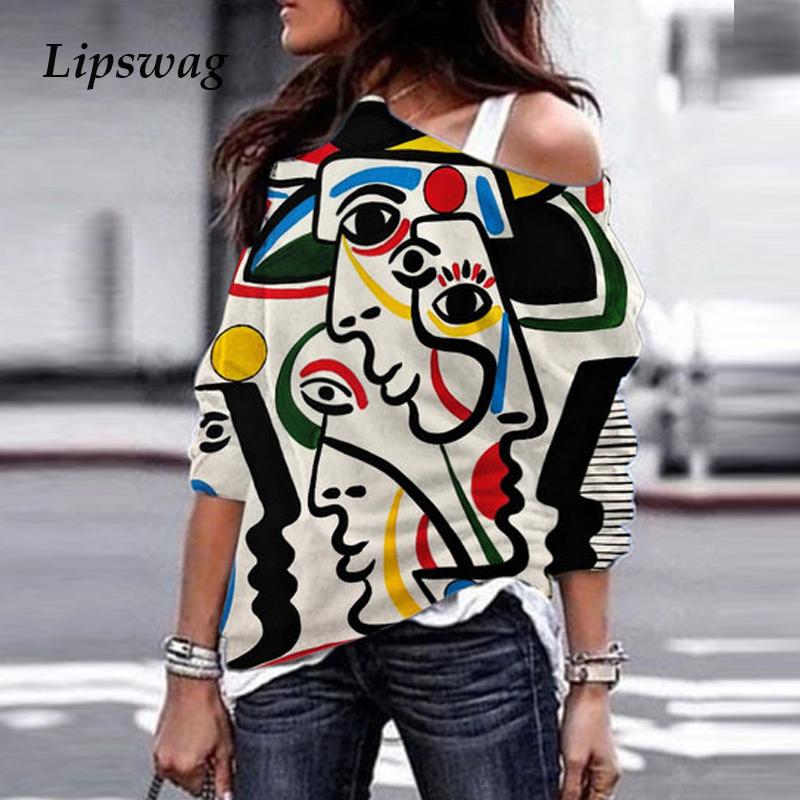 

Women Vintage pattern Print Long Sleeve Blouse Shirt Autumn Sexy Off Shoulder Pullover Tops 2020 Casual Ladies Oversize Blouses, Blue