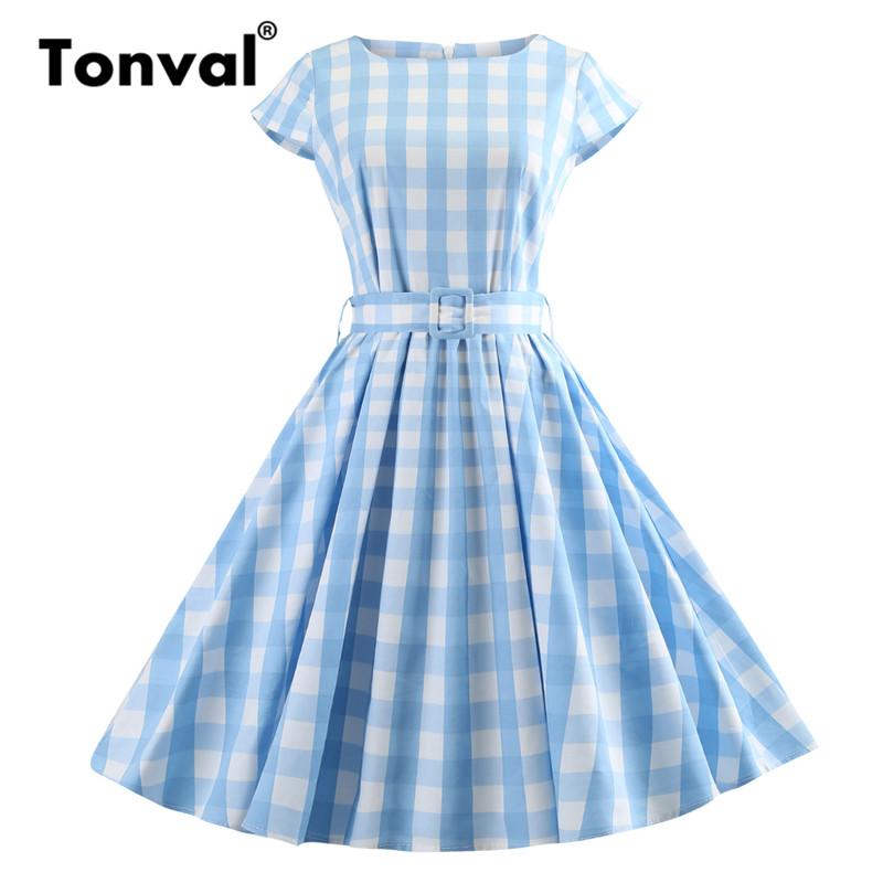 

Tonval Blue Plaid Elegant Summer Dress Women Gingham Cap Sleeve Belted Plus Size Vintage Retro Dresses