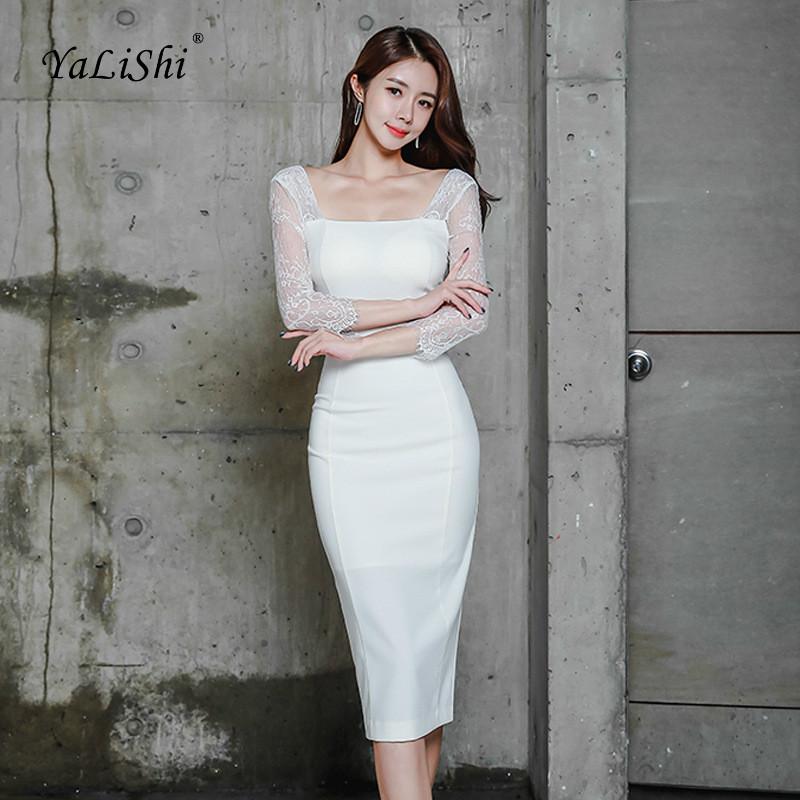 

Women Pencil Dress White Black Three Quarter Sleeve Square Collar Backless Knee-length Vintage Lace Dress Party Club Dresses
