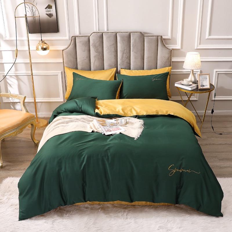 

New Cotton 60S Satin Long-staple Cotton Embroidery Bedding Cover Double Sets Bed/Flat Color 4pcs Size Duvet King Sheet Queen, 11