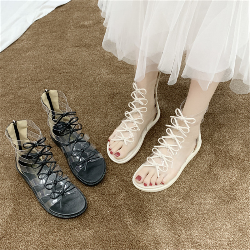 

Summer new Martin sandals women super fire casual wild trend take skirt college wind transparent flat high sandals women, Black