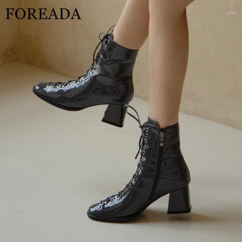 

FOREADA High Heel Ankle Boots Natural Genuine Leather Woman Boots Zip Block Heel Short Lace Up Female Shoes Autumn Black1, Gray