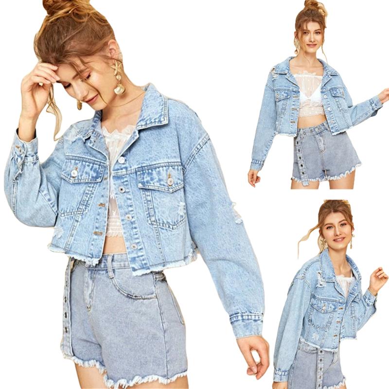 

Fashion Autumn Women Girl Casual Frayed Hem Ripped Distressed Denim Jacket Long Sleeve Button Pockets Cropped Coat Clothing XS-L, Blue