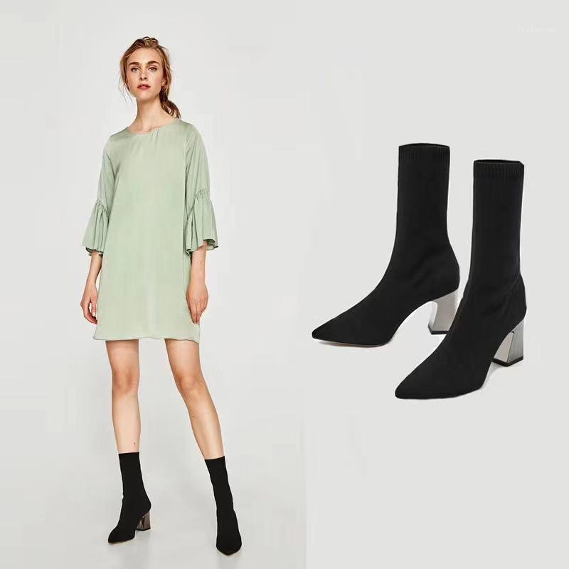 

short boots for women's thick heel spring and autumn new elastic pointed knitted socks and boots, net red1, Black