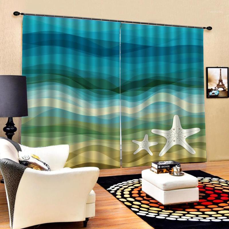 

3D Window Curtain Luxury living room decorate Cortina blue curtains seaside beach curtain1, As pic