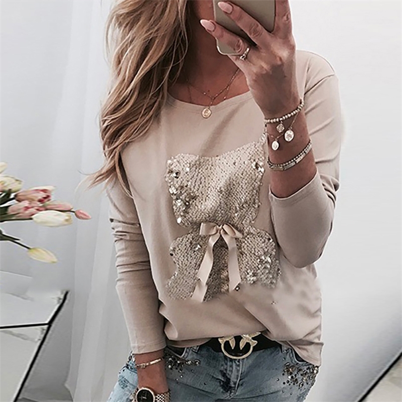 

Sequined Casual Solid Fashion Women Clothing O Neck Long Sleeve T-shirt Ladies European Harajuku Streetwear Tops Tee SJ5095M Y200412, Apricot