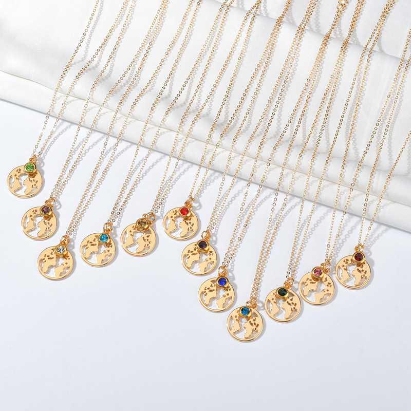 

8Seasons Fashion Birthstone Necklace Gold Color Map Hollow January-December Pendants Collar Chains Women Jewelry 40cm long, 1PC1