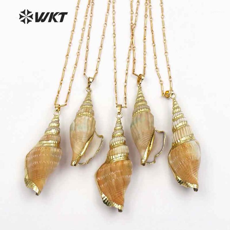 

WT-JN044 WKT Natural Trumpet Conch Shell With Gold Trim On Top Pendant Inlay 18'' Inch Bamboo Necklace Women Sea Shell Jewelry1