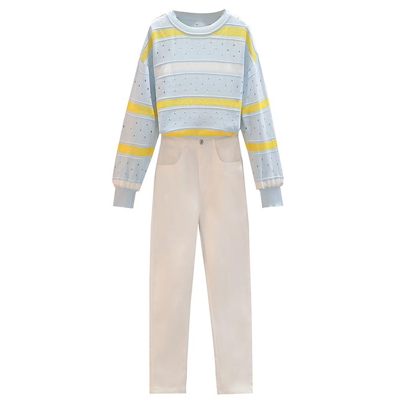 

Autumn Outfit 2020 Autumn Fashion Two-Piece Clothing Set Women Stripe Sweater Leisure Pants Knitwear Top Casual, Blue sweater