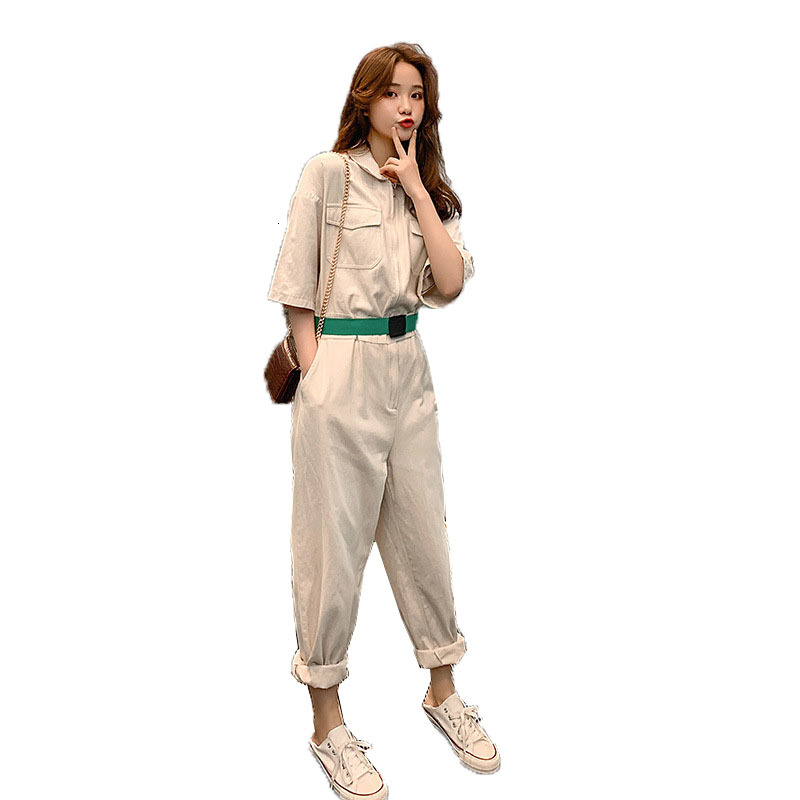 

2021 New Bf Tooling Overalls Womens Spring Autumn Korean Loose Student Jumpsuits High Waist One Piece Rompers with Welt Plus Size Y177 Aguv, Apricot