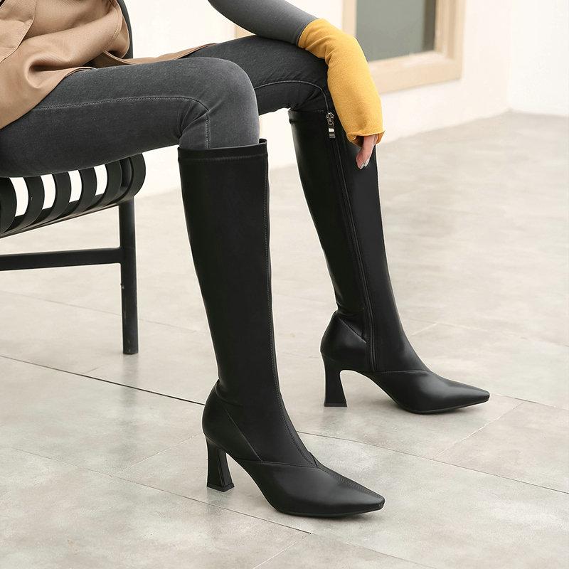

Knee High Women Boots Superfine Fiber Thin High Heel Women Shoes Autumn Winter Pointed Toe Zipper Long Boots Size 34-43, Beige