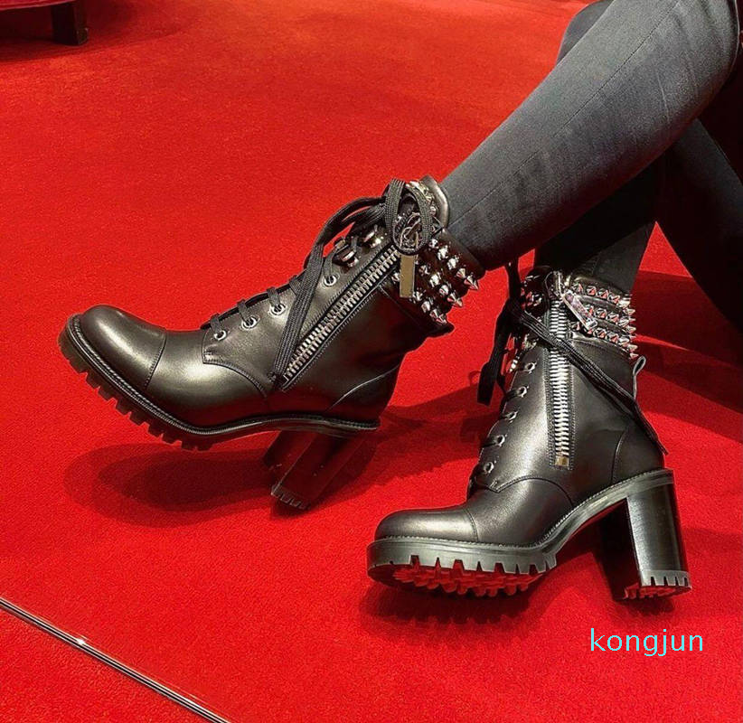 Designer- Winter Spikes Red Bottom Ankle Boots Women's Motorcycle Booties Elegant Leather Bootie Lady High Heels