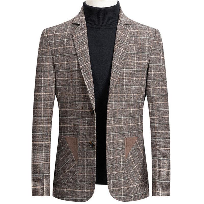 

New Brand Men Blazer Personality Wild Men's Suit Jacket High Quality Fashion Plaid Print Slim Fit Warm Blazer Coat Male, Gray