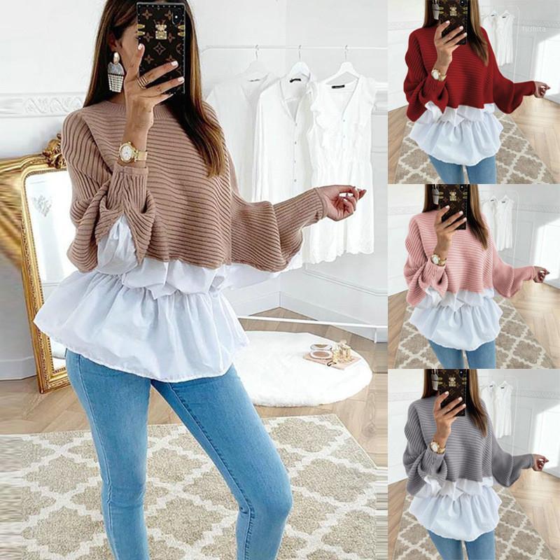 

Fashion Knitted Patchwork Women T-shirts 2020 Winter Casual O-neck Lantern Sleeves Ruffles Tops1, Gray