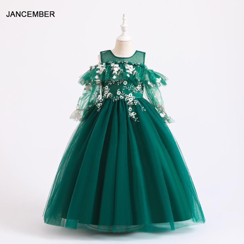 

B005 O-Neck Short Sleeve Off The Shoulder Flower Girls Wedding Dress Christmas Children Evening Party Dress 20211, As picture
