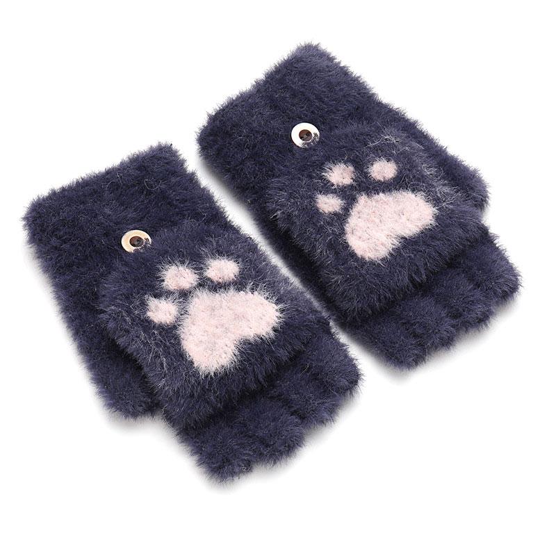 

Five Fingers Gloves Winter Ears Cartoon Cat Claw Half Finger Touch Screen Driving Mittens Women Flip