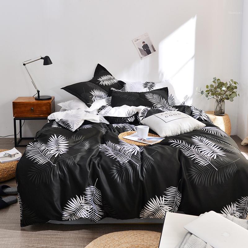 

Bedding Set Double Bed Cover Flat Sheet Pillowcase Black and White Color Plant Queen Size Bed Linen Sets Single Beddings King1, Aml-1904