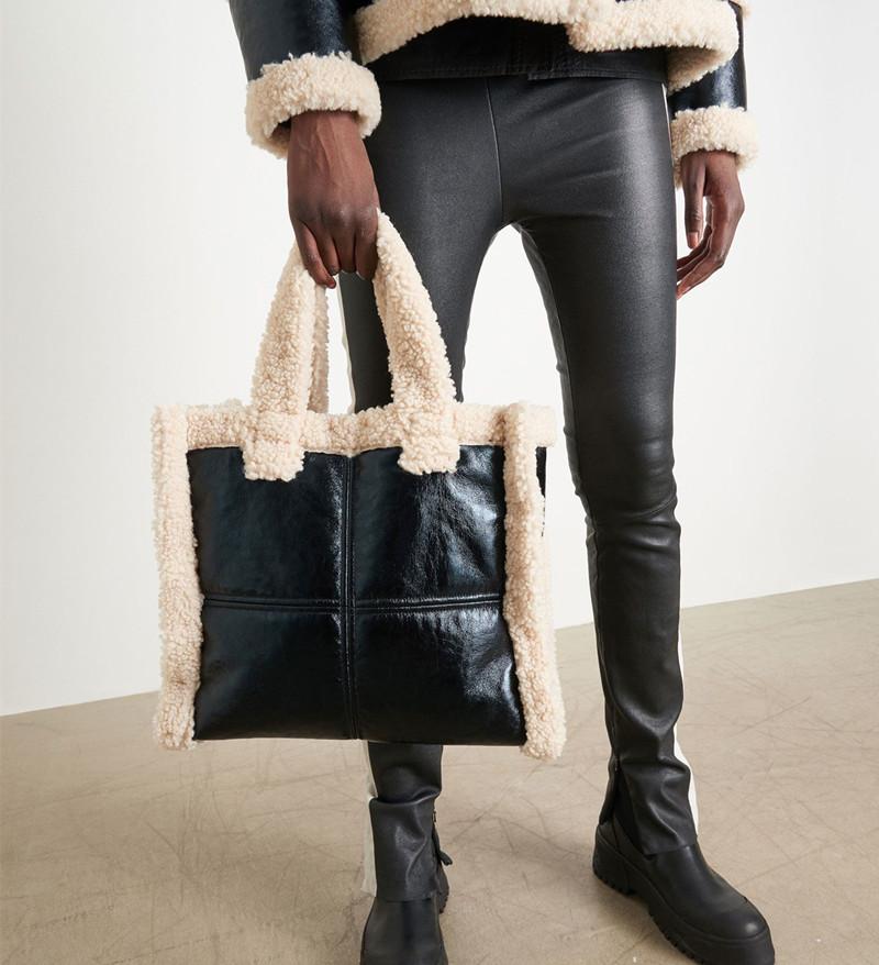 

Fashion Lambswool Pu Patchwork Large Totes Designer Women Handbags Luxury Leather Shoulder Bag Big Capacity Buckets Purse Winter, Black