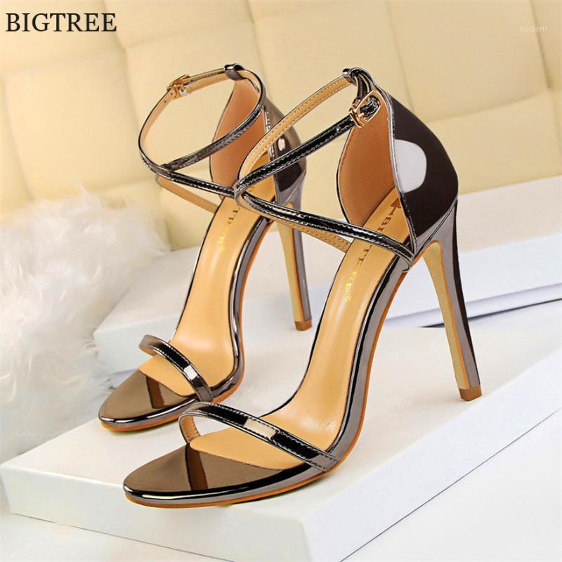 

Show Thin Cross Strap Women Sandals 2020 New Patent Leather Concise Summer High Heels 11cm Shoes Open Toe Women's Office Sandals1, Black